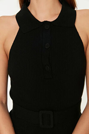 Moda Slim Casual Günlük Çift Plaka Triko Polo Yaka Kolsuz Kol Bodycone Midi Boy Elbise