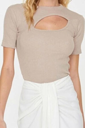 Moda Bisiklet Yaka Örme Slim Düz Desen Casual Günlük Crop Kısa Kol Bluz