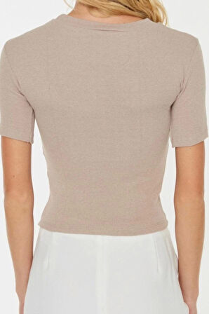 Moda Bisiklet Yaka Örme Slim Düz Desen Casual Günlük Crop Kısa Kol Bluz