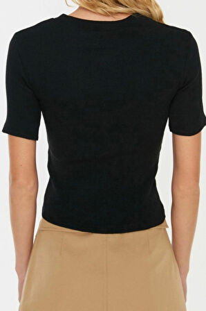 Moda Bisiklet Yaka Örme Slim Düz Desen Casual Günlük Crop Kısa Kol Bluz