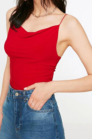 Moda Degaje Yaka Örme Slim Düz Desen Casual Günlük Regular Askılı Kol Bluz