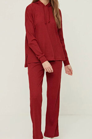 Tarz Rahat Uzun Kollu Boru Paça Fitilli Pamuklu Örme Pijama Takımı