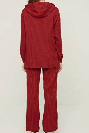 Tarz Rahat Uzun Kollu Boru Paça Fitilli Pamuklu Örme Pijama Takımı
