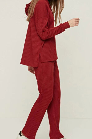 Tarz Rahat Uzun Kollu Boru Paça Fitilli Pamuklu Örme Pijama Takımı