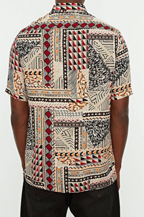 Şık Etnik Desen Gömlek Yaka Regular Fit Apaş Yaka %100 Viskon Kısa Kollu Yazlık Etnik Gömlek