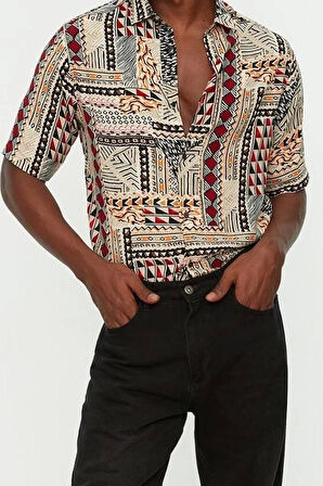 Şık Etnik Desen Gömlek Yaka Regular Fit Apaş Yaka %100 Viskon Kısa Kollu Yazlık Etnik Gömlek