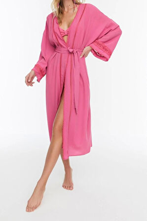 Moda Dokuma Regular Kalıp Uzun V Yaka Standart Kol Crinkle Basic Düz Desen Kimono Kaftan