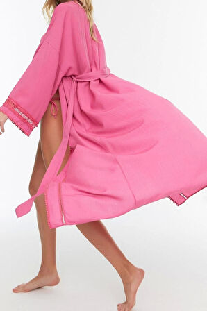 Moda Dokuma Regular Kalıp Uzun V Yaka Standart Kol Crinkle Basic Düz Desen Kimono Kaftan