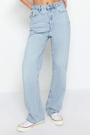 Stil Kadın Moda Denim Kot Pantolon Regular Geniş Paça Mavi Yüksek Bel Straight Jeans