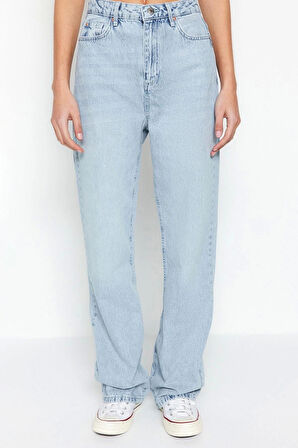 Stil Kadın Moda Denim Kot Pantolon Regular Geniş Paça Mavi Yüksek Bel Straight Jeans