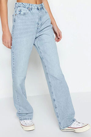 Stil Kadın Moda Denim Kot Pantolon Regular Geniş Paça Lacivert Yüksek Bel Straight Jeans