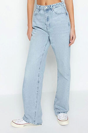 Stil Kadın Moda Denim Kot Pantolon Regular Geniş Paça Lacivert Yüksek Bel Straight Jeans