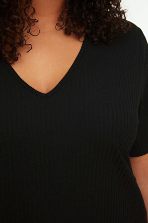 Tarz Rahat Büyük Beden Kısa Kollu Geniş Paça Fitilli Capri Boy Örme Pijama Takımı