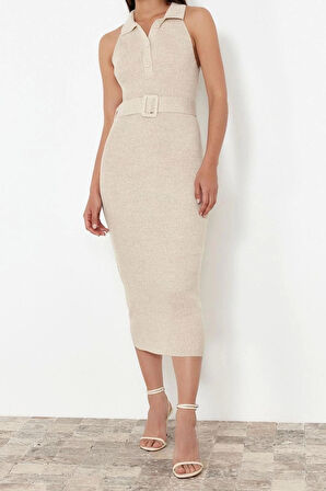 Moda Slim Casual Günlük Çift Plaka Triko Polo Yaka Kolsuz Kol Bodycone Midi Boy Elbise