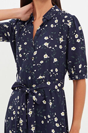 Moda Regular Casual Günlük Shally Dokuma Gömlek Yaka Kısa Kol Gömlek Elbise Midi Boy Elbise