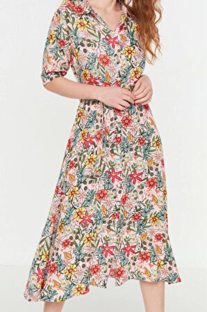 Moda Stil Regular Gömlek Yaka Midi Boy Çiçek Desenli Kuşaklı Dokuma Viskon Gömlek Elbise