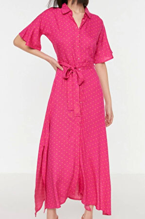 Moda Regular Casual Günlük Shally Dokuma Gömlek Yaka Kısa Kol Gömlek Elbise Midi Boy Elbise