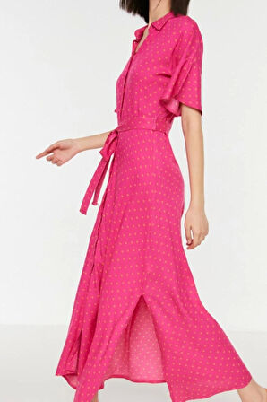 Moda Regular Casual Günlük Shally Dokuma Gömlek Yaka Kısa Kol Gömlek Elbise Midi Boy Elbise