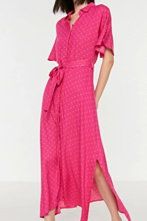 Moda Regular Casual Günlük Shally Dokuma Gömlek Yaka Kısa Kol Gömlek Elbise Midi Boy Elbise