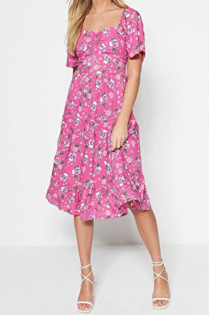 Moda Regular Casual Günlük Shally Dokuma Kalp Yaka Kısa Kol A-Line Midi Boy Elbise