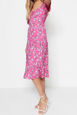 Moda Regular Casual Günlük Shally Dokuma Kalp Yaka Kısa Kol A-Line Midi Boy Elbise