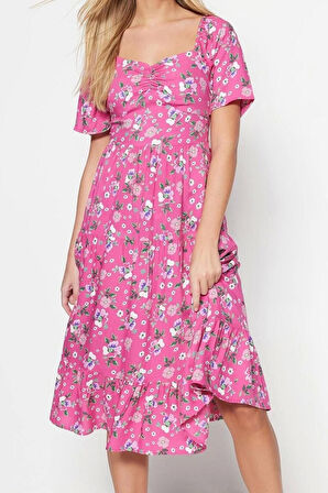 Moda Regular Casual Günlük Shally Dokuma Kalp Yaka Kısa Kol A-Line Midi Boy Elbise