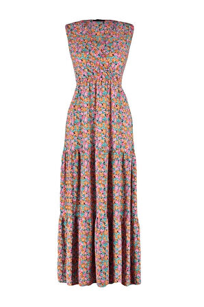 Moda Regular Casual Günlük Polyester Kaşkorse Örme V Yaka Kolsuz Kol A-Line Maxi Boy Elbise