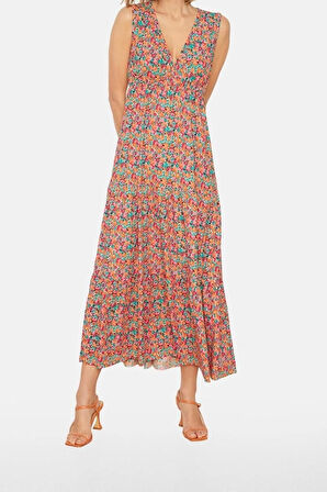 Moda Regular Casual Günlük Polyester Kaşkorse Örme V Yaka Kolsuz Kol A-Line Maxi Boy Elbise