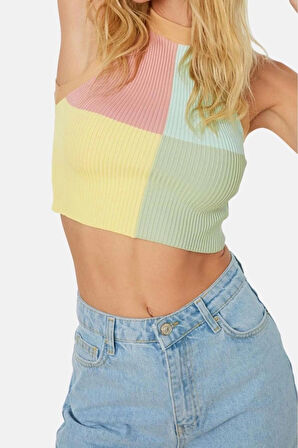 Moda Halter Yaka Triko Slim Renk Bloklu Desen Casual Günlük Crop Kolsuz Bluz