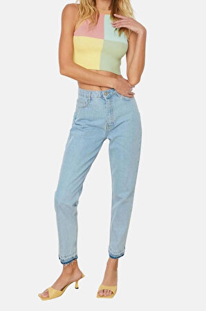Moda Halter Yaka Triko Slim Renk Bloklu Desen Casual Günlük Crop Kolsuz Bluz
