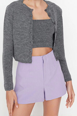 Kadın Modern Tarz Rahat Uzun Bisiklet Yaka Düz Kol Crop Triko Takım