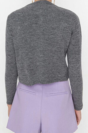 Kadın Modern Tarz Rahat Uzun Bisiklet Yaka Düz Kol Crop Triko Takım