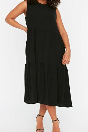 Moda Rahat Casual Günlük Aerobin Dokuma Bisiklet Yaka Kolsuz Kol Smock Maxi Boy Büyük Beden Elbise