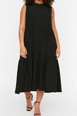 Moda Rahat Casual Günlük Aerobin Dokuma Bisiklet Yaka Kolsuz Kol Smock Maxi Boy Büyük Beden Elbise