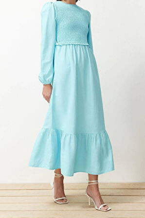 Moda Regular Casual Günlük Terrycotton Dokuma Bisiklet Yaka Uzun Kol A-Line Maxi Boy Tesettür Elbise