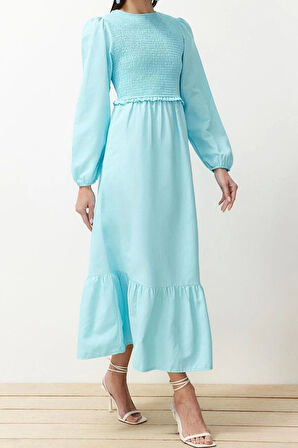 Moda Regular Casual Günlük Terrycotton Dokuma Bisiklet Yaka Uzun Kol A-Line Maxi Boy Tesettür Elbise