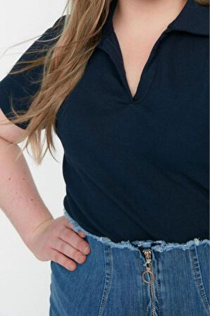 Moda Büyük Beden Polo Yaka Örme Regular Düz Desen Casual Günlük Crop Kısa Kol Bluz