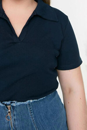 Moda Büyük Beden Polo Yaka Örme Regular Düz Desen Casual Günlük Crop Kısa Kol Bluz