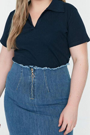 Moda Büyük Beden Polo Yaka Örme Regular Düz Desen Casual Günlük Crop Kısa Kol Bluz