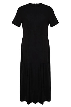 Moda Oversize Casual Günlük Aerobin Dokuma Bisiklet Yaka Kısa Kol A-Line Maxi Boy Büyük Beden Elbise