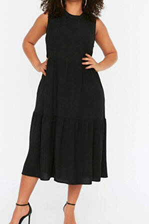 Moda Rahat Casual Günlük Aerobin Dokuma Bisiklet Yaka Kolsuz Kol Smock Maxi Boy Büyük Beden Elbise