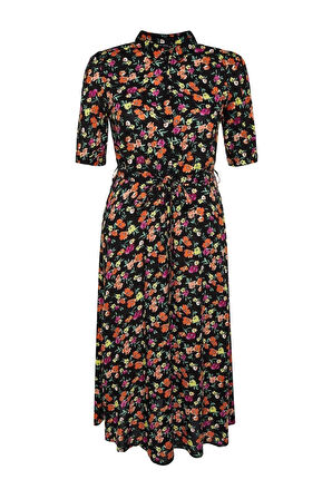 Moda Rahat Casual Günlük Shally Dokuma Gömlek Yaka Kısa Kol A-Line Maxi Boy Büyük Beden Elbise