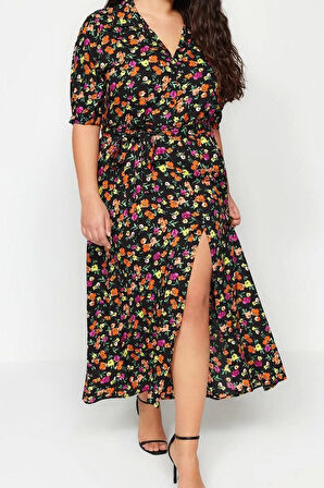 Moda Rahat Casual Günlük Shally Dokuma Gömlek Yaka Kısa Kol A-Line Maxi Boy Büyük Beden Elbise