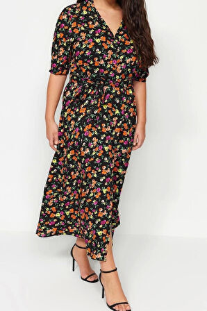 Moda Rahat Casual Günlük Shally Dokuma Gömlek Yaka Kısa Kol A-Line Maxi Boy Büyük Beden Elbise