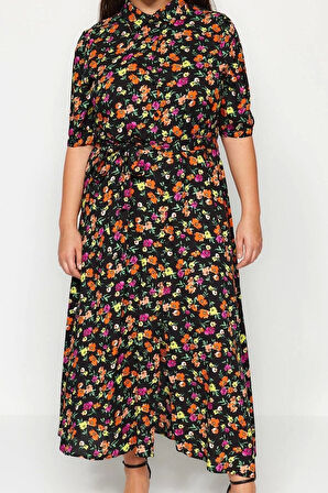 Moda Rahat Casual Günlük Shally Dokuma Gömlek Yaka Kısa Kol A-Line Maxi Boy Büyük Beden Elbise