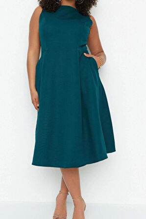 Moda Rahat Gündüz Gece Krep Dokuma Bisiklet Yaka Askılı Kol A-Line Midi Boy Büyük Beden Elbise