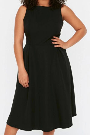 Moda Rahat Gündüz Gece Krep Dokuma Bisiklet Yaka Askılı Kol A-Line Midi Boy Büyük Beden Elbise