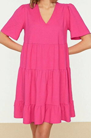 Moda Stil Regular V Yaka Mini Boy Geniş Kesim Dokuma Elbise