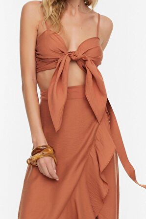 Moda Dokuma Yüksek Bel Düz Kalp Yaka Plaj Tarçın Dokuma Volanlı Bluz Etek Takım