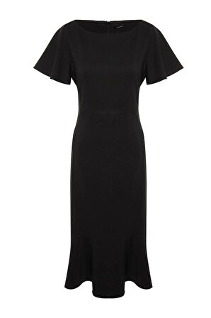 Moda Fit Gündüz Gece Finike Dokuma Bisiklet Yaka Kısa Kol Bodycone Midi Boy Büyük Beden Elbise